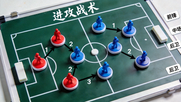 足球战术板上摆放的棋子与战术跑位示意